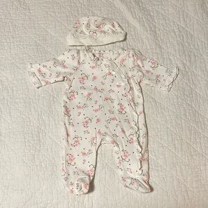 Little Me White and Pink Floral Footie with Hat 0-3mo